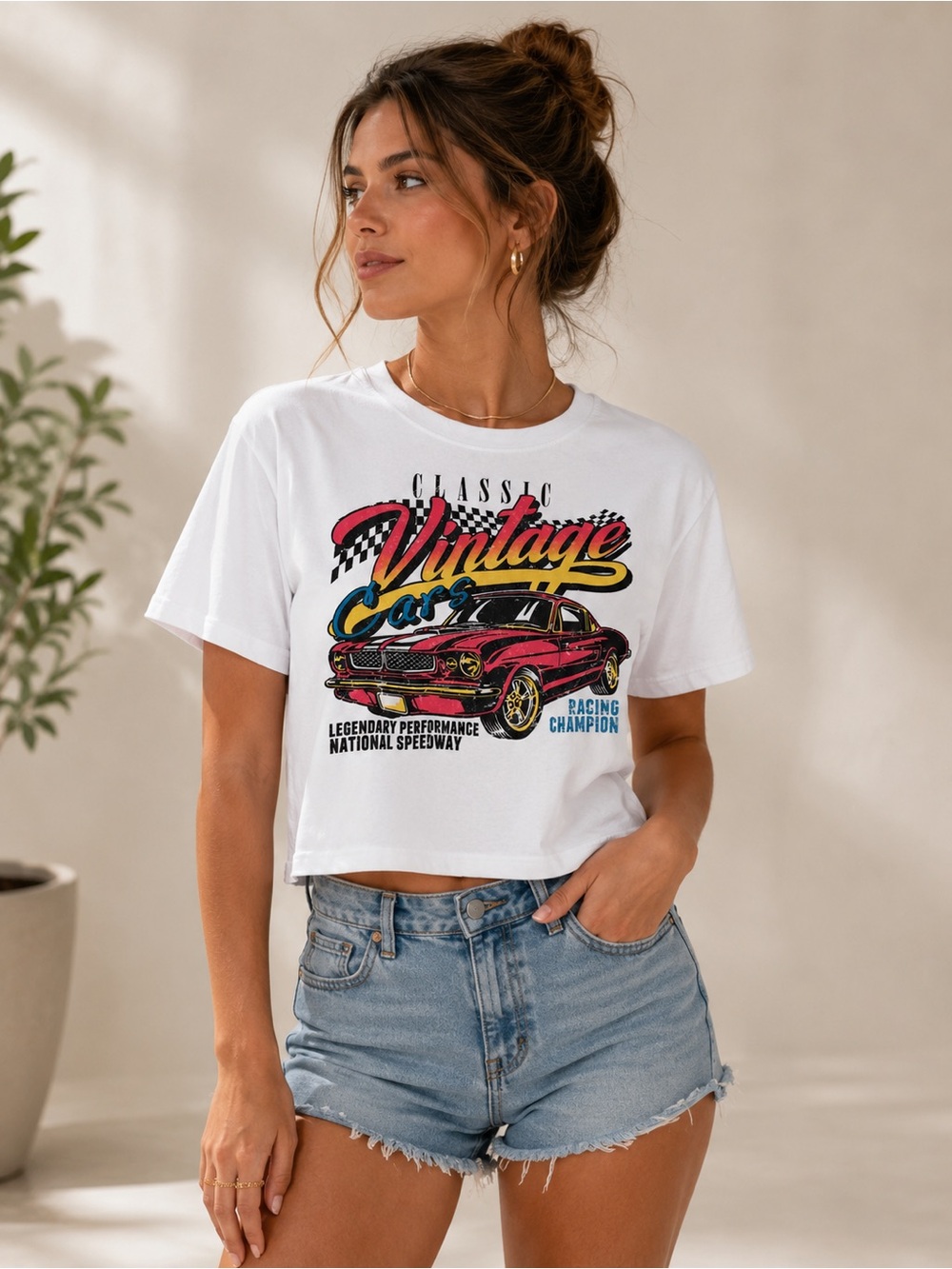 Altar’d State Vintage Cars Graphic‎ Cropped Tee Medium White Retro Racing Top